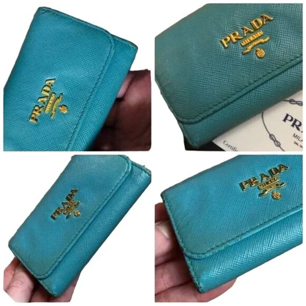PRADA Voyager Italian Saffiano Leather Metal 6 Key Holder Cobalt Turquoise Blue